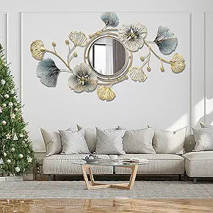 Metal Wall Mirrors Decor, Large Ginkgo Leaf Wall-Mounted Mirrors, Big Wall Decor Mirror, 3D Creative Modern Hanging Wall Mirrors Decorative, for Living Room Bedroom Entryway Bathroom (59X33 Inch)
