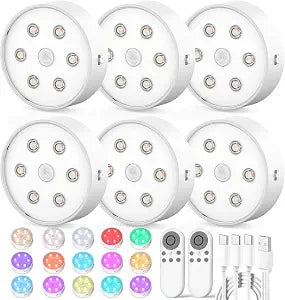 Rechargeable Under Cabinet Lighting 6 Pack, Wireless LED Puck Lights with Remote Control Sync and Groupable, 2600mAh Color Changing Dimmable Magnetic Tap Lights for Kitchen Cabinets Closet Shelves