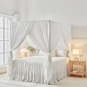 Canopy Bed Curtains - 4 Corners Post Ruffle Princess Bed Canopy Elegant Cozy Drape Netting 4 Opening Mosquito Net for Bedroom Chic Beautiful Privacy Decoration - Easy Installation Queen White