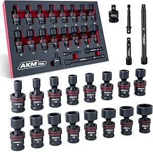 3/8" Drive Universal Impact Socket Set, 20 Piece Swivel Socket Set, Universal Joint Socket 6-Point, Metric, 8-24mm, Cr-Mo,with Extension Bars, Socket Adapter, Drill Bit Adapter