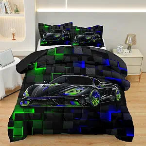 Race Car Twin Bedding Set for Boys, Sports Comforter Set for Kids, 3 Pcs Cool Car Boys Bedding Set Twin