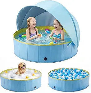 Kiddie Pool with Canopy, Large Foldable Pool with Detachable UPF 50+ Sunshade, 77in Pool Beach Essentials Tent Swimming Pool Dog Pool with Shade, Portable for Outdoor Backyard Beach