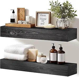 17x3x7 inch Floating Shelves Wall Mounted - Set of 2 Black Rustic Solid Wood Wall Shelf - Heavy Duty Decorative Fireplace Mantel for Living Room, Bedroom, Bathroom, Kitchen