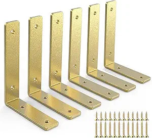 Gold Shelf Brackets 6 Inch, Rustic Iron L Shelf Bracket,Heavy Duty Industrial Shelf Bracket,Gold Metal L Brackets for Shelves Support DIY, 6 Pack
