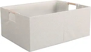 Fabric Storage Box, 16x12in Foldable Cotton Linen Basket with Wooden Handle