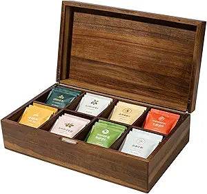 Acacia Wooden Tea Bag Organizer with Magnetic Lid, 8 Adjustable Compartments Wooden Tea Box for Tea Bags, Countertop Storage Holder
