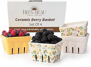BIEN BEAU Ceramic Berry Basket, Farmhouse Colander, Farmers Market square Bowl. Rustic Kitchen decor fruit bowls, Fruit Baskets, Yellow, White and floral pattern Stoneware Harvest Bowls Set of 4