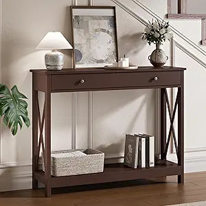 Treocho Espresso Console Table with Drawer and Storage Shelves, Foyer Sofa Table Narrow for Entryway, Living Room, Hallway