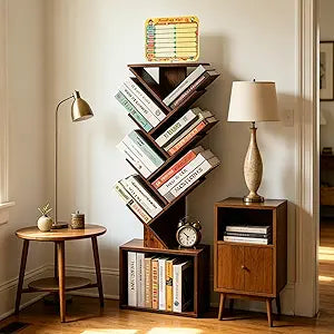 7 Tier Tree Book shelf, Small Bookcase with Reading Planner and Activity Panel, Modern Floor Standing Corner Tall Narrow Storage Cabinet Bookshelves for Home Office Bedroom Living Room (Rustic Brown)