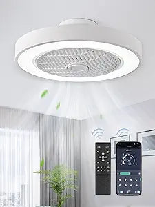 LEDIARY 20 Inch Low Profile Ceiling Fan With Light, Led Bladeless Ceiling Fans, Remote Control Enclosed Flush Mount Ceiling Fan With Timming, 3000-6000K, 6 Wind Speed, 3000LM, 57W-White