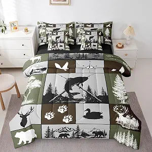 Feelyou Big Pike Fish Hunting 7 Piece Bedding Set Full Size for Boys Teens Kids Duck Deer Hunter and Fishing Themed Comforter Set with Sheets Plaids Rustic Camping Bed in a Bag Home Decor