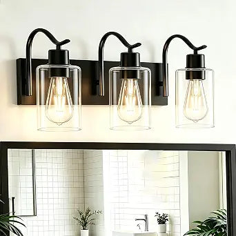 20 Inch Bathroom Light Fixtures, 3-Light Black Vanity Lights, Bathroom Lighting Fixtures Over Mirror with Clear Glass Shade, Wall Lamp for Bathroom Bedroom Cabinet (Bulbs Not Included)