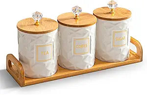 Set of 3 Ceramic Canisters for Sugar Coffee Tea with Tray, White Airtight Food Storage Jars with Wood Lids, Kitchen Counter Storage Containers - 23oz