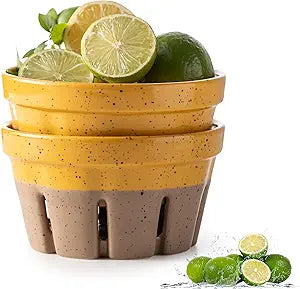 Gomakren Berry Bowls with Holes Ceramic, Berry Washing Bowl Basket Set of 2, 5.8 Inch Round Fruit Bowl Storage Containers, Strawberry Baskets, Farmhouse Kitchen Decor, Yellow + Brown