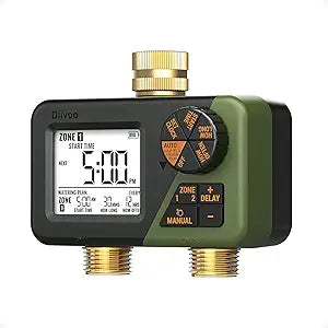 Brass Hose Timer 2 Outlets for Outdoor Watering, Diivoo IP66 Waterproof Programmable Sprinkler Timer with Large Digital Display, Rain Delay & Manual Watering for Garden Lawn Yard Automatic Irrigation