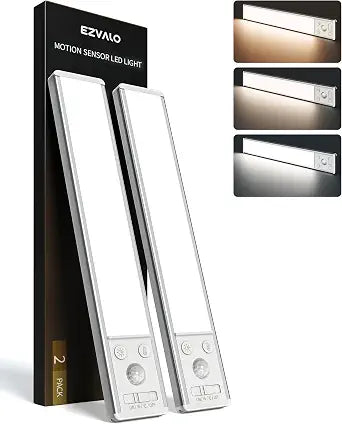 EZVALO 10inch Under Cabinet Lighting, 2500mAh Rechargeable Motion Sensor Lights Indoor with 3 Color Temps, 2 Pack Magnetic Closet Light, 80 LED Dimmable Under Counter Lights for Kitchen, Shelf, Stair