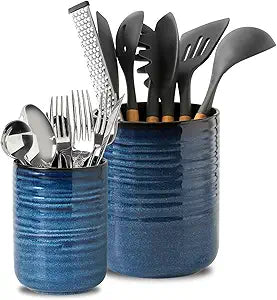 HASENSE Utensil Holder, 7.4 + 5.4 Ceramic Cooking Utensil Crock for Kitchen Counter, 2 Pack Utensil Caddy Utensil Organizer for Spatula and Spoon Kitchen Decor, Navy Blue