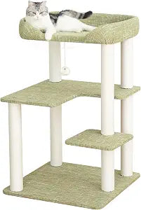 Cat Tree for Large Cat, Modern Senior Friendly Cat Tower with Wide Shelves Low Step, Cotton Scratching Posts, Super Sturdy Base, Cozy Perches, Interactive Toys (Linen Fabric Green 37.4-Inch)