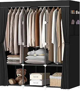 LOKEME Portable Closet, Portable Closets for Hanging Clothes with 3 Hanging Rods and 6 Storage Shelves and 4 Side Pockets, Black Wardrobe Closet Easy to Assemble and Strong and Stable