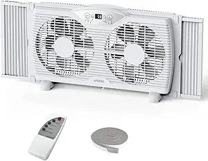 shinic Twin Window Fan, 9-Inch Blades Reversible Airflow, Thermostat Control, 3 Speeds, 3 Functions, 23.8"-37" Expandable Width, Window Exchaust Fans for Home Bedroom, ETL Certified