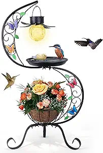 hogardeck Bird Bath for Outside with Solar Lamp, Metal Birdbaths for Outdoors with Flower Planter Pedestal, Vintage Birdbath for Garden Yard Patio Lawn Decor