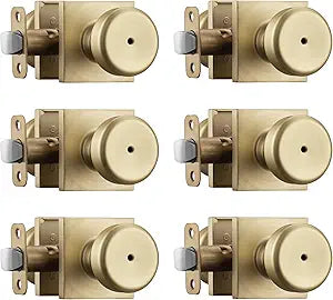 6 Pack Brushed Gold Door Knob with Heavy Duty Square Rosette, Bathroom Door Knob with Turn Lock, Pismo Door Knob with Lock for Bath & Bedroom