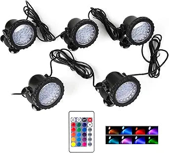 SHOYO Pond Lights Submersible, Underwater Fountain Lights Colored with Timer IP68 Waterproof RGB Memory Dim Adjustable Spotlights for Outdoor Waterfall Pond Fountain, 5 Lights