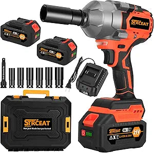 STRCEAT 1500Nm(1107Ft-lbs) High Torque Cordless Impact Wrenches 1/2" Brushless Impact Gun Wrench with 2 x 4.0Ah 21V Batteries, 6 Sockets, Extension Bar, Variable Speeds for Home/Car/Truck/RV/Mower