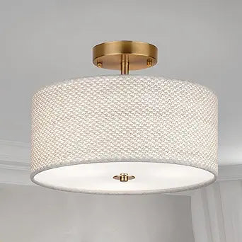 13" Boho Rattan-Style Semi Flush Mount Ceiling Light Fixture, 3-Light Modern Fabric Shade Drum Lamp, White Rustic Lighting for Bedroom, Kitchen, Dining Room, Living Room, Hallway, Entryway