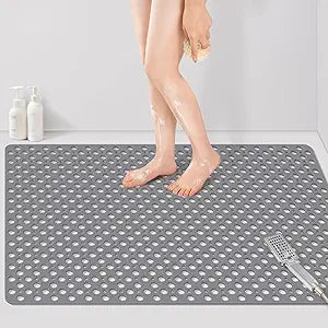 Yolife Large Shower Mat, 47 x 32 inch Non Slip Shower Mats for Inside Shower with Drain Hole, No Odor Soft TPE Shower Floor Mat, Extra Large Non Slip Shower Mat with Suction Cups, Grey