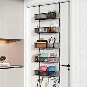 Space-Saving Over The Door Organizer with 5 Adjustable Baskets & 5 Hooks, Metal Wall Mount Storage Rack, Behind The Door Storage for Bathroom, Kitchen, Pantry, Laundry Room (Black)