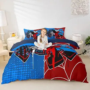 Spider Web Kids Duvet Cover Set King Size,Spider Arachnid Insect Animal Bedding Set,Boys Girls Women Men Room Decor,Modern Block Halloween Red Blue Unique Quilt Cover,2 Pillowcases(No Comforter)