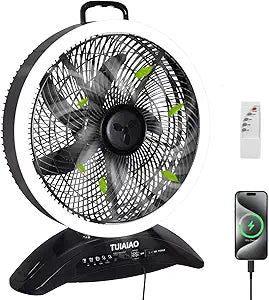 45000mAh Battery Operated Camping Fan with Display & LED, Large 12-Inch Rechargeable Outdoor Fan, High Velocity 38ft Airflow, Cordless Floor Fan with Remote & Timer for Garage Hurricane