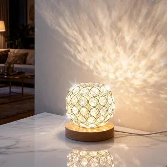 Crystal Mood Table Lamp, Voice Control K9 Glass Sphere Light, Wood Base