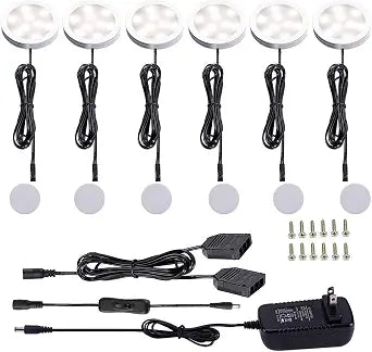 AIBOO 12V LED Under Cabinet Lights Kit 6 Pack Black Cord Aluminum Puck Lamps for Kitchen Counter Closet Lighting with Manual on/Off Switch 12W 6 Lights (4000K Natural White)