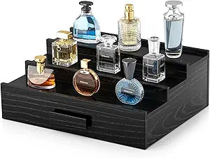 Solid Walnut Cologne Organizer for Men,3 Tier Cologne Stand,Wooden Cologne Holder Display Shelf with Drawer Storage and Hidden Compartment,Black Perfume Stand Organizer,Gifts for Men Husband