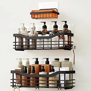 Orimade Shower Caddy Basket Soap Dish Holder Shelf with 5 Hooks Bathroom Organizer Shelf Kitchen Storage Rack Wall Mounted Adhesive No Drilling SUS304 Stainless Steel - 3 Pack,Black