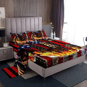 Firemen Boys Sheet Full Size,American Flag Geometric Stripes Firefighter Bedding Set,Boys Men Room Decor,Fire Fighting Truck Tools Red Black Retro Bed Sheet Set 4pcs(Fitted + Flat + 2 Pillowcases)