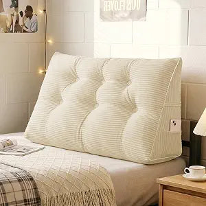 Sasttie Headboard Pillow Twin/Twin XL, Bed Wedge Pillow Headboard, Beige | Wide-Wale Corduroy, Side Pockets, Removable Cover, Machine Washable, Ergonomic Back Support, Sitting-Up Support