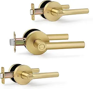 Privacy Gold Door Handles (No Key) for Bathroom and Interior Closet, Heavy-Duty Brushed Gold Round Reversible Door Lever, Satin Brass, 3 Pack
