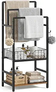 HOOBRO Freestanding Towel Rack for Small Bathroom, 3-Tier Towel Holder with Storage Shelf, Basket & Hooks, Space Saving Bathroom Organizer for Towels & Toiletries, Rustic Brown BF13LB01