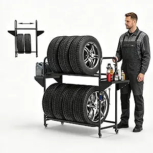 Heavy Duty Rolling Tire Storage Rack Adjustable Garage Tire Organizer with Locking Casters for Car SUV Truck Spare Tires 42 x 15 x 44 Inches