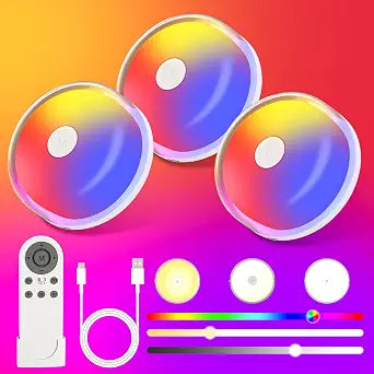 3 Pack Waterproof Shower Lights for Inside Shower, 15 LED Colors Rechargeable Mood Lighting with Remote Control Dimmable, 300LM LED Magnetic Wireless Wardrobe Light for Bathroom, Wardrobe, Kitchens