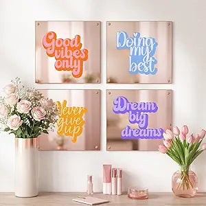 EGD Mirror Acrylic Wall Decor | Set 10x10 Inch Acrylic Mirror Tiles with Motivational Stickers | Decorative Wall Mirrors Mosaic Panels with Custom Text | Set 2 4 6 or 8 Pieces with Mounting Options