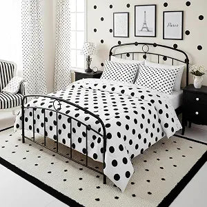 Manfei Black Polka Dots Comforter Set Twin Size,French Style Dots Cartoon Cute Bedding Set 2 Pcs for Boys Girls,Geometric Circles Black White Simple Art Comforter,1 Pillowcase