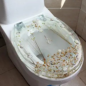 Resin Toilet Seat Round Soft Close Quick Release Heavy Duty Transparent Toilet Seats with Clear Seashells Cover Acrylic Seats Ocean Series Bathroom Decoration 16.5 inch (NOT for Elongated)