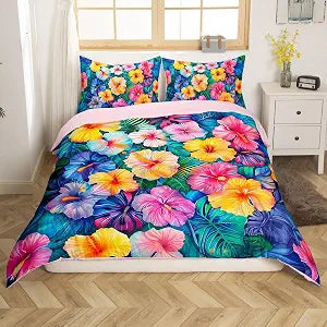 Erosebridal Hibiscus Flowers Comforter Cover Tropical Plants Queen Bedding Set for Kids Boys Girls,Colorful Botanical Floral Duvet Cover Summer Hawaii Bedspread Cover Room Decor