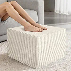 Stuffed Square Pouf Ottoman, 19.69 * 19.69 * 14.76 Inch Foot Rest with Odorless Solid Foam Core, Supportive Footstool with Removable Corduroy Cover for Living Room, Beige