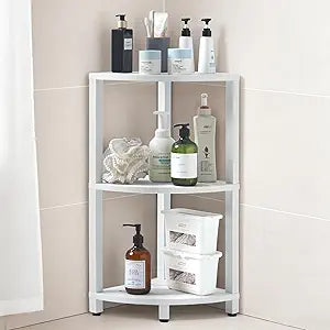HDPS 3 Tier Floor Standing Corner Shower Caddy Organizer Shelf, Detachable Stool & Foot Rest,Waterproof & Durable Bathroom Shelves Stand Rack with Anti-Slip Feet, Space-Saving Design Storage
