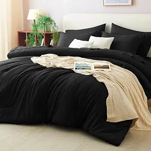 CozyLux Queen Comforter Set Black, 7 Pieces Bed in a Bag